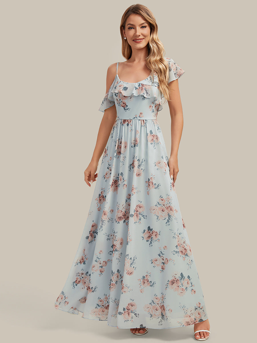 robe longue asymétrique à volants à manches courtes avec fente haute sur la cuisse #Couleur_Floraison Ambrée