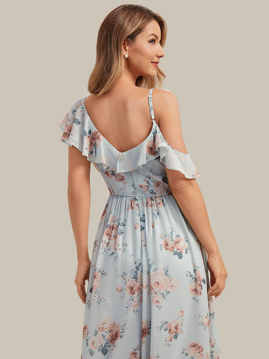 robe longue asymétrique à volants à manches courtes avec fente haute sur la cuisse #Couleur_Floraison Ambrée
