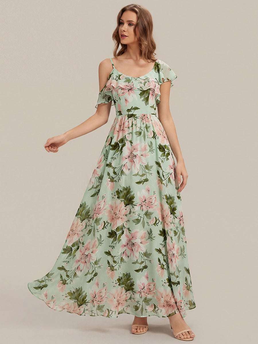 robe longue asymétrique à volants à manches courtes avec fente haute sur la cuisse #Couleur_Vert clair à fleurs