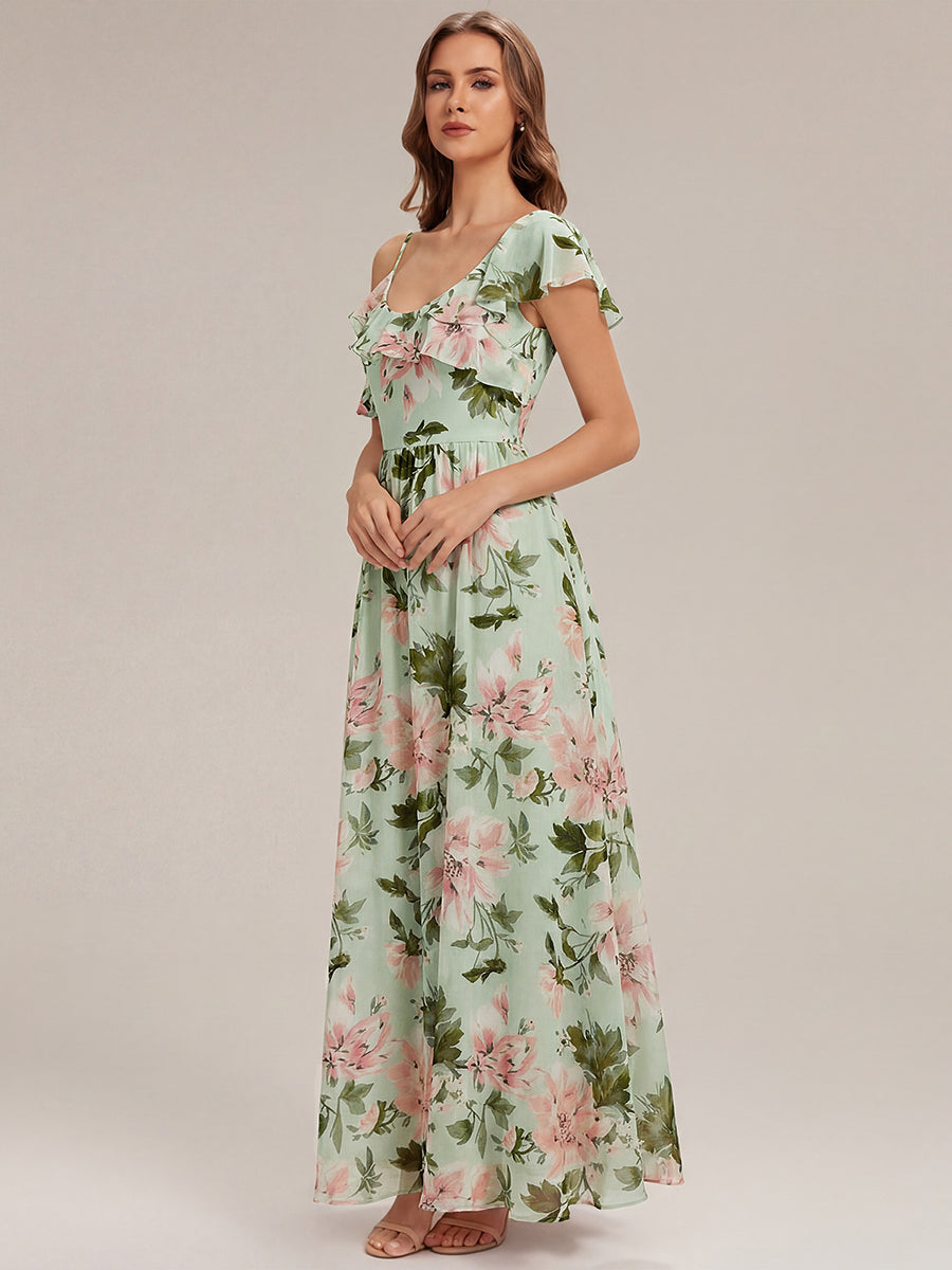 robe longue asymétrique à volants à manches courtes avec fente haute sur la cuisse #Couleur_Vert clair à fleurs