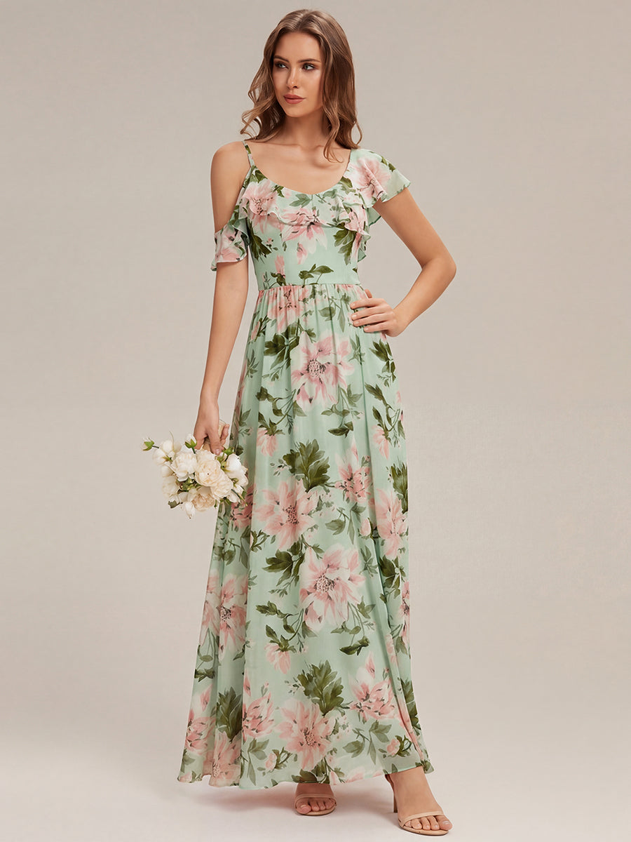 robe longue asymétrique à volants à manches courtes avec fente haute sur la cuisse #Couleur_Vert clair à fleurs