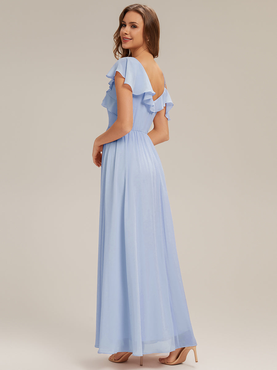 robe longue asymétrique à volants à manches courtes avec fente haute sur la cuisse #Couleur_Bleu Glace