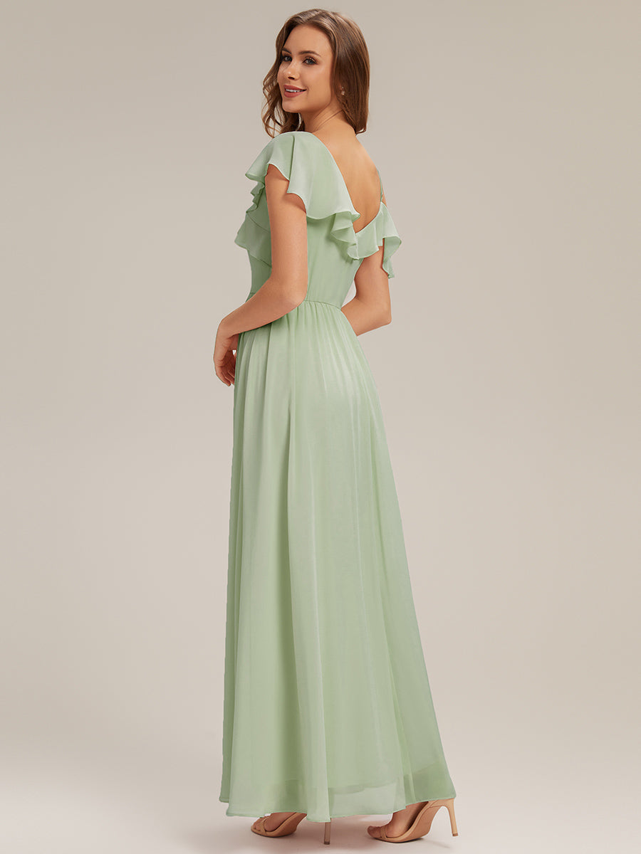robe longue asymétrique à volants à manches courtes avec fente haute sur la cuisse #Couleur_Menthe Verte
