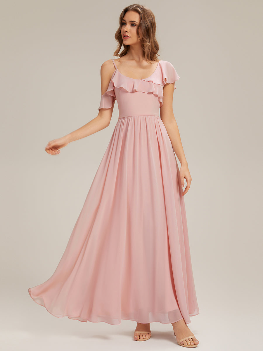 robe longue asymétrique à volants à manches courtes avec fente haute sur la cuisse #Couleur_Rose