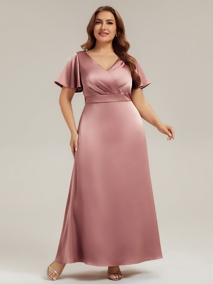 Robe longue ligne A col en V manches courtes à volants froncée #Couleur_Orchidee