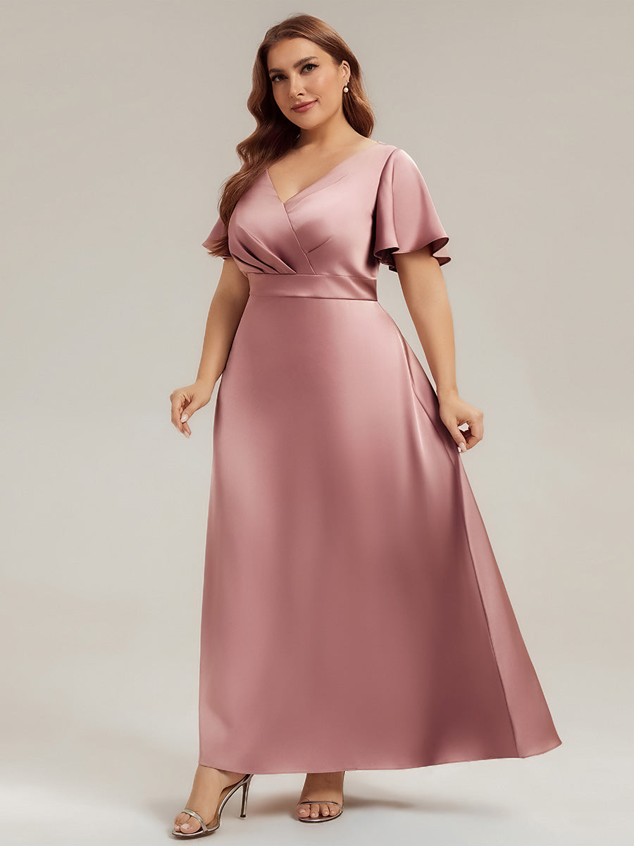 Robe longue ligne A col en V manches courtes à volants froncée #Couleur_Orchidee
