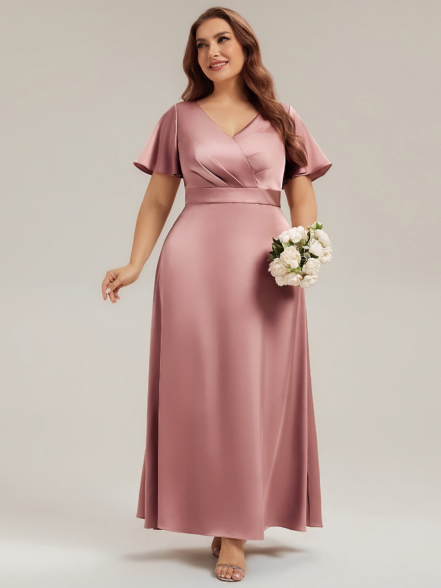 Robe longue ligne A col en V manches courtes à volants froncée #Couleur_Orchidee
