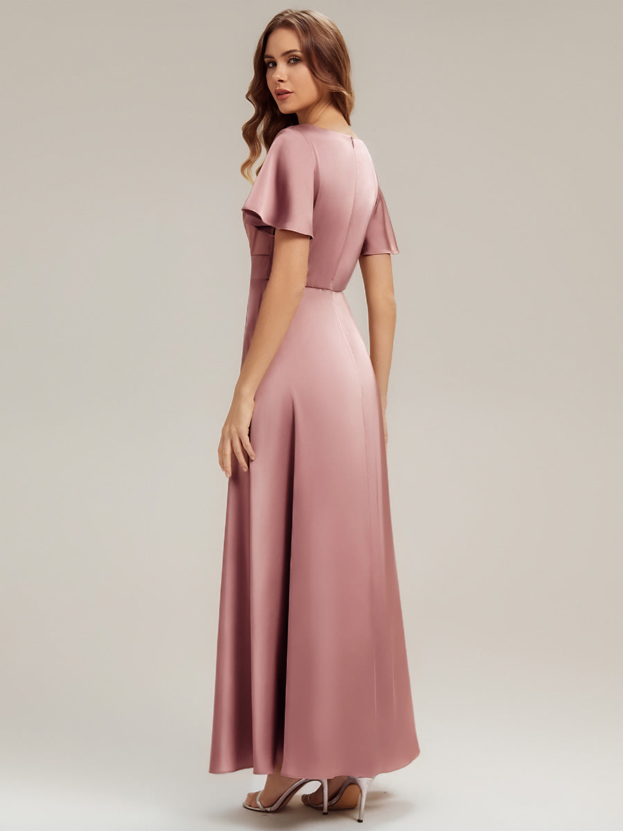 Robe longue ligne A col en V manches courtes à volants froncée #Couleur_Orchidee