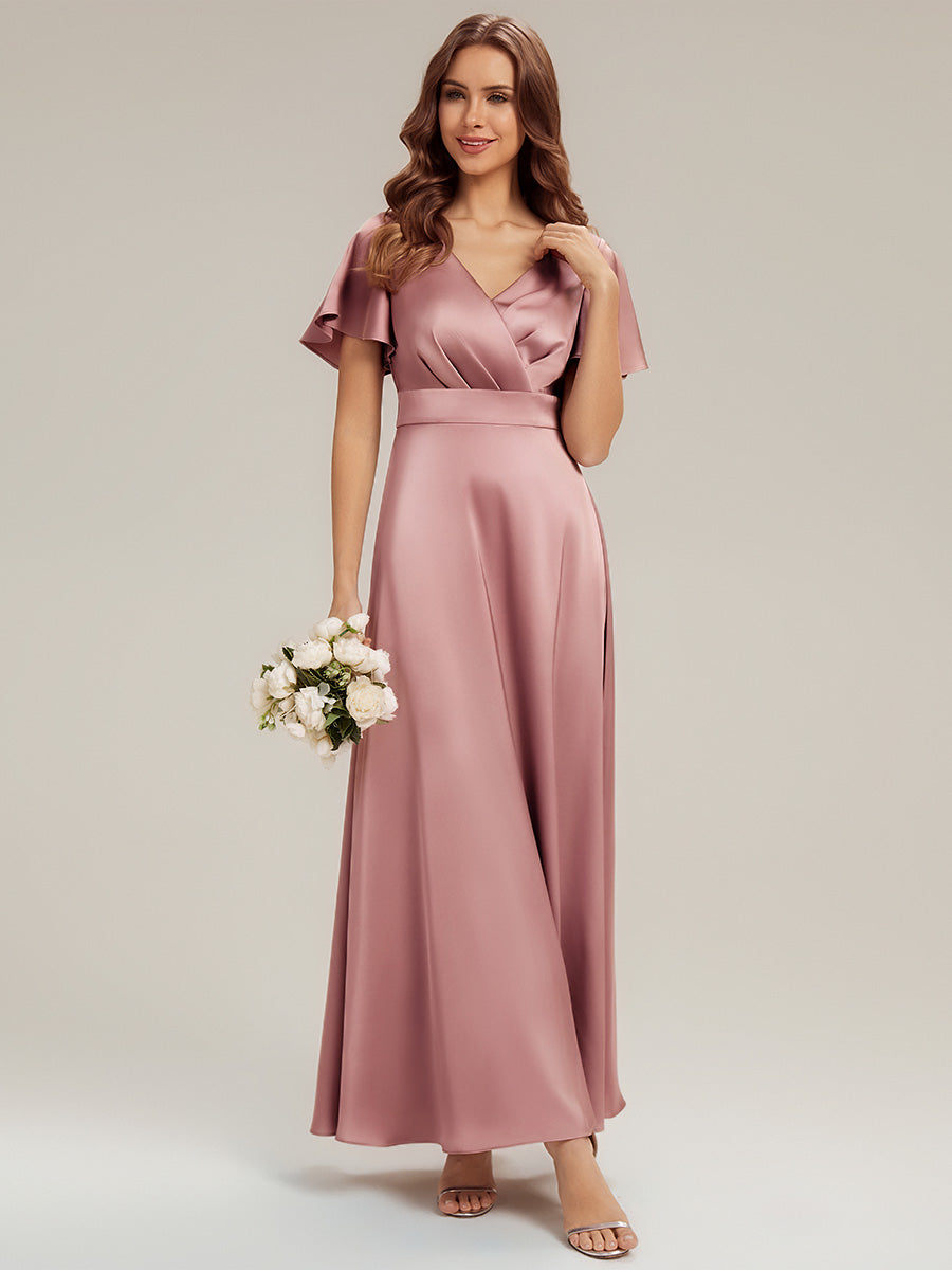 Robe longue ligne A col en V manches courtes à volants froncée #Couleur_Orchidee