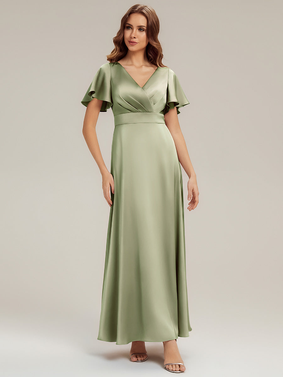 Robe longue ligne A col en V manches courtes à volants froncée #Couleur_Vert sauge