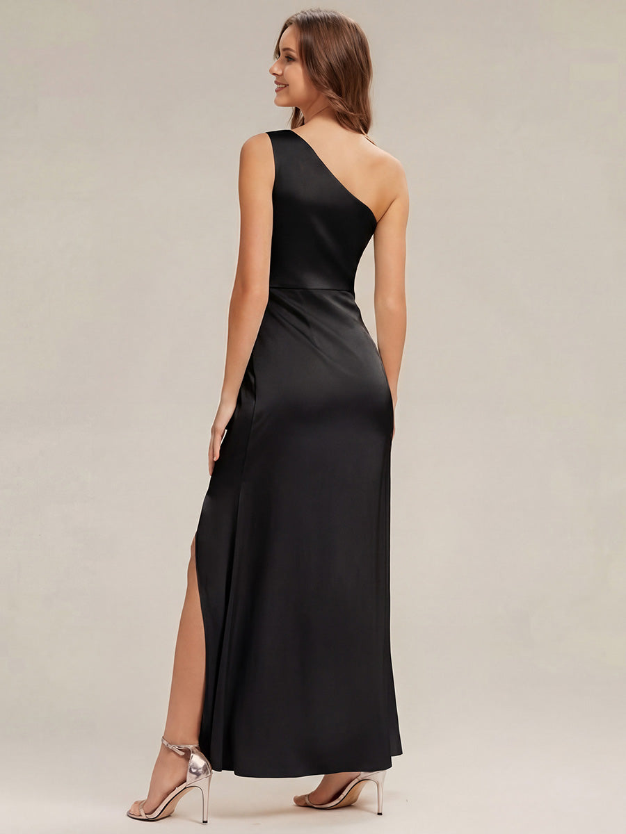 Robe sans bretelles à épaule unique avec fente haute sur la cuisse décolleté asymétrique robe longue #Couleur_Noir