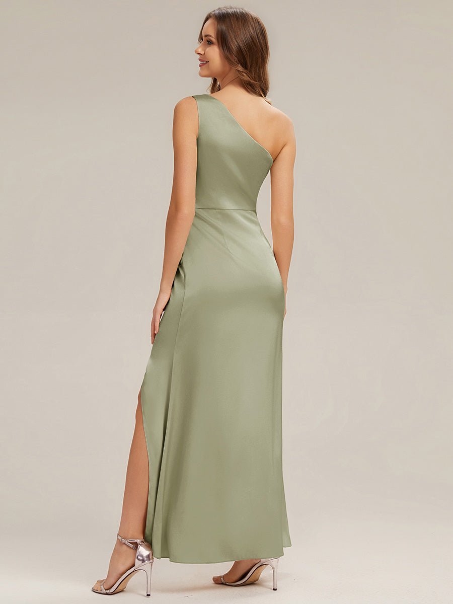 Robe sans bretelles à épaule unique avec fente haute sur la cuisse décolleté asymétrique robe longue #Couleur_Vert sauge