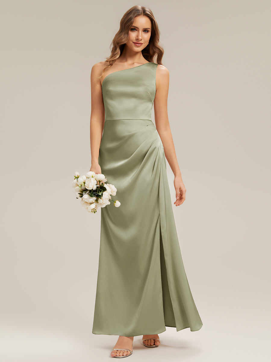 Robe sans bretelles à épaule unique avec fente haute sur la cuisse décolleté asymétrique robe longue #Couleur_Vert sauge