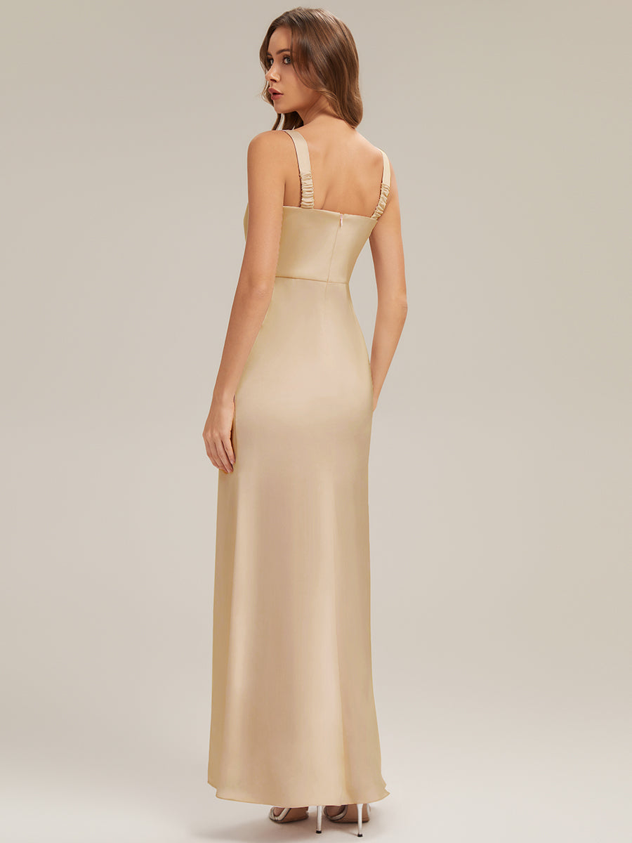 Robe sans manches à encolure carrée longueur sol avec fente haute et détail nœud #Couleur_Champagner