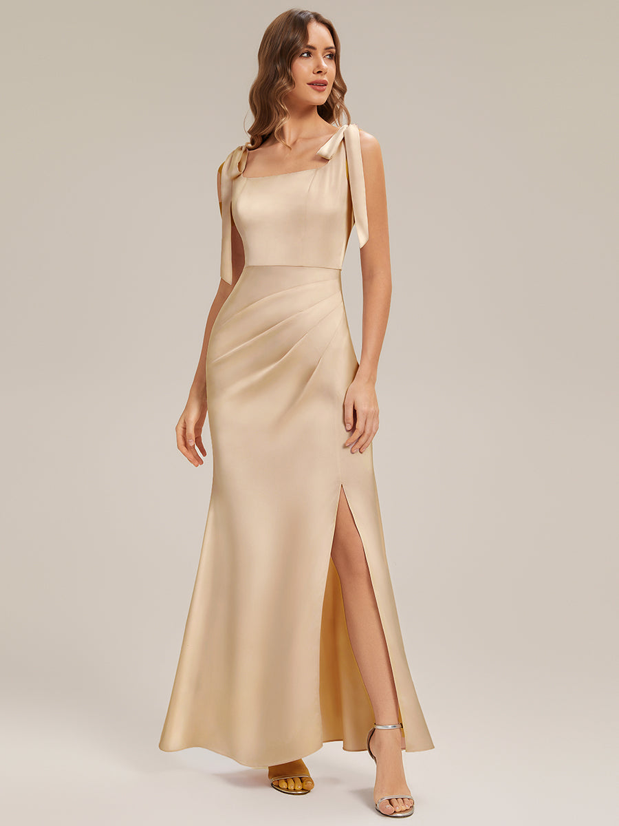 Robe sans manches à encolure carrée longueur sol avec fente haute et détail nœud #Couleur_Champagner