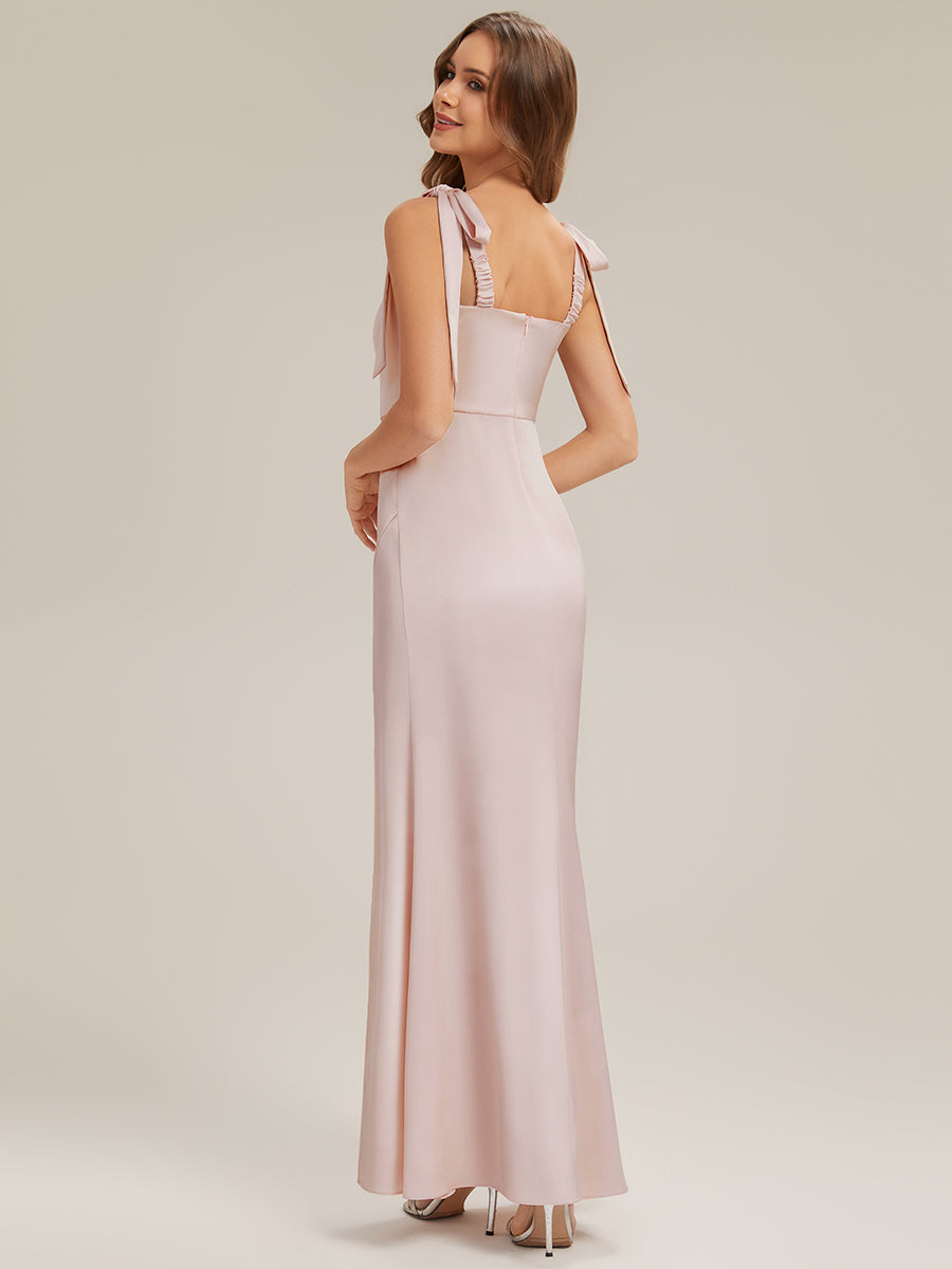 Robe sans manches à encolure carrée longueur sol avec fente haute et détail nœud #Couleur_Rose