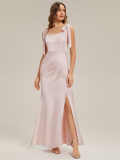 Robe sans manches à encolure carrée longueur sol avec fente haute et détail nœud