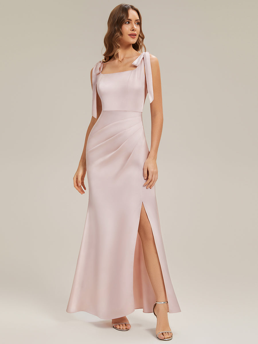 Robe sans manches à encolure carrée longueur sol avec fente haute et détail nœud #Couleur_Rose