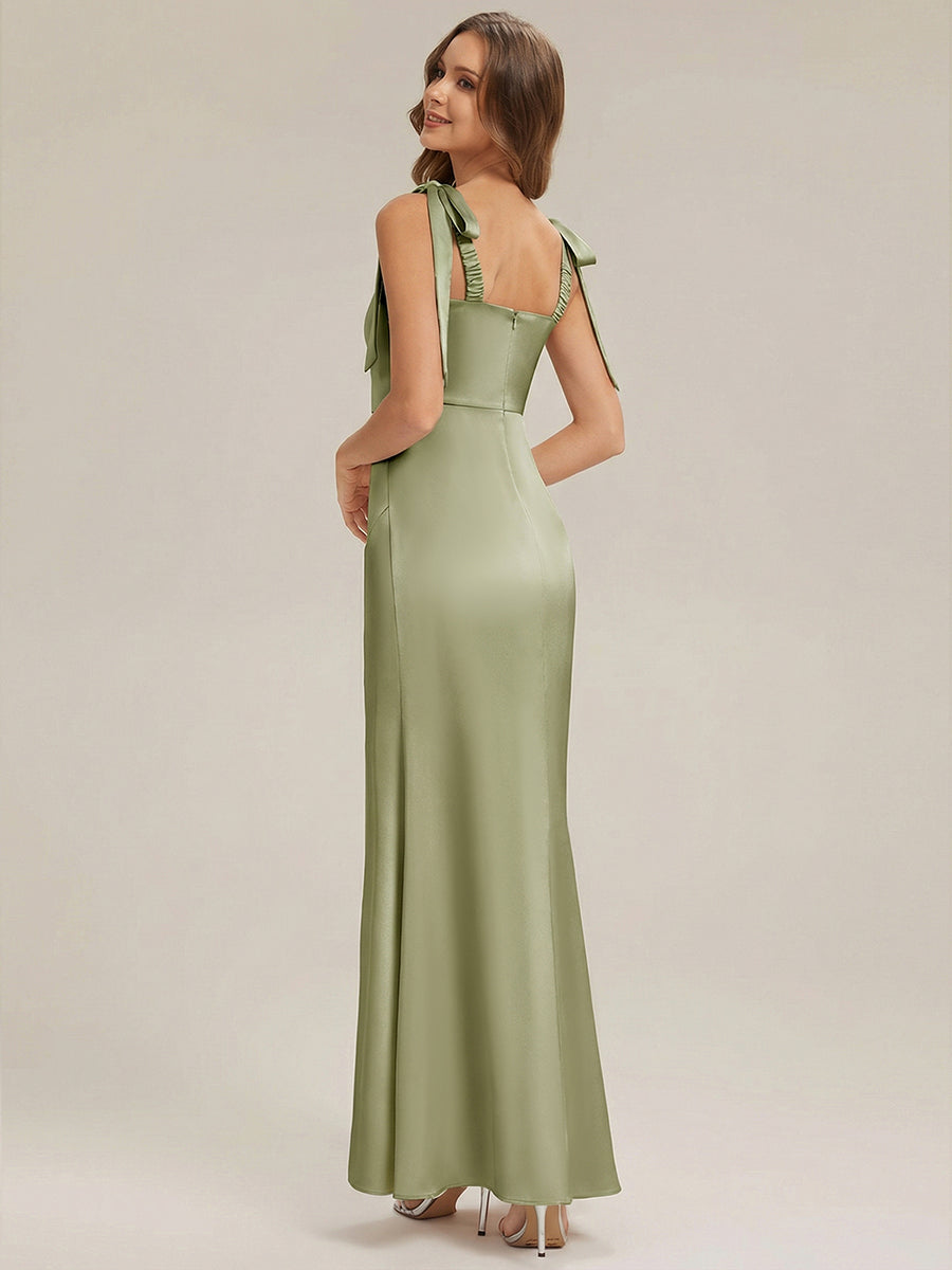 Robe sans manches à encolure carrée longueur sol avec fente haute et détail nœud #Couleur_Vert sauge