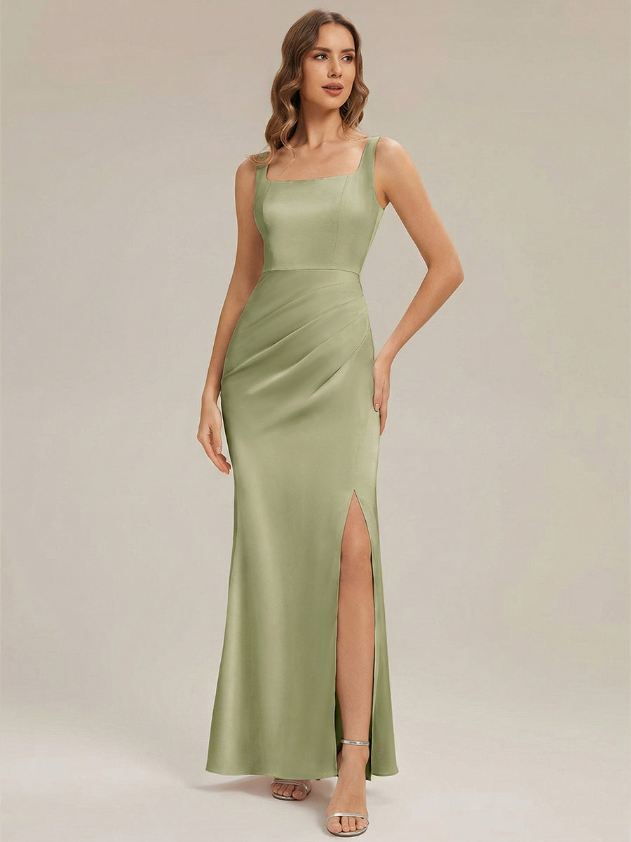 Robe sans manches à encolure carrée longueur sol avec fente haute et détail nœud #Couleur_Vert sauge