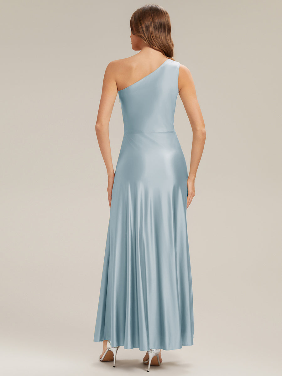 Robe longue à une épaule sans manches en A avec fente haute et détail noué #Couleur_Bleu Ciel