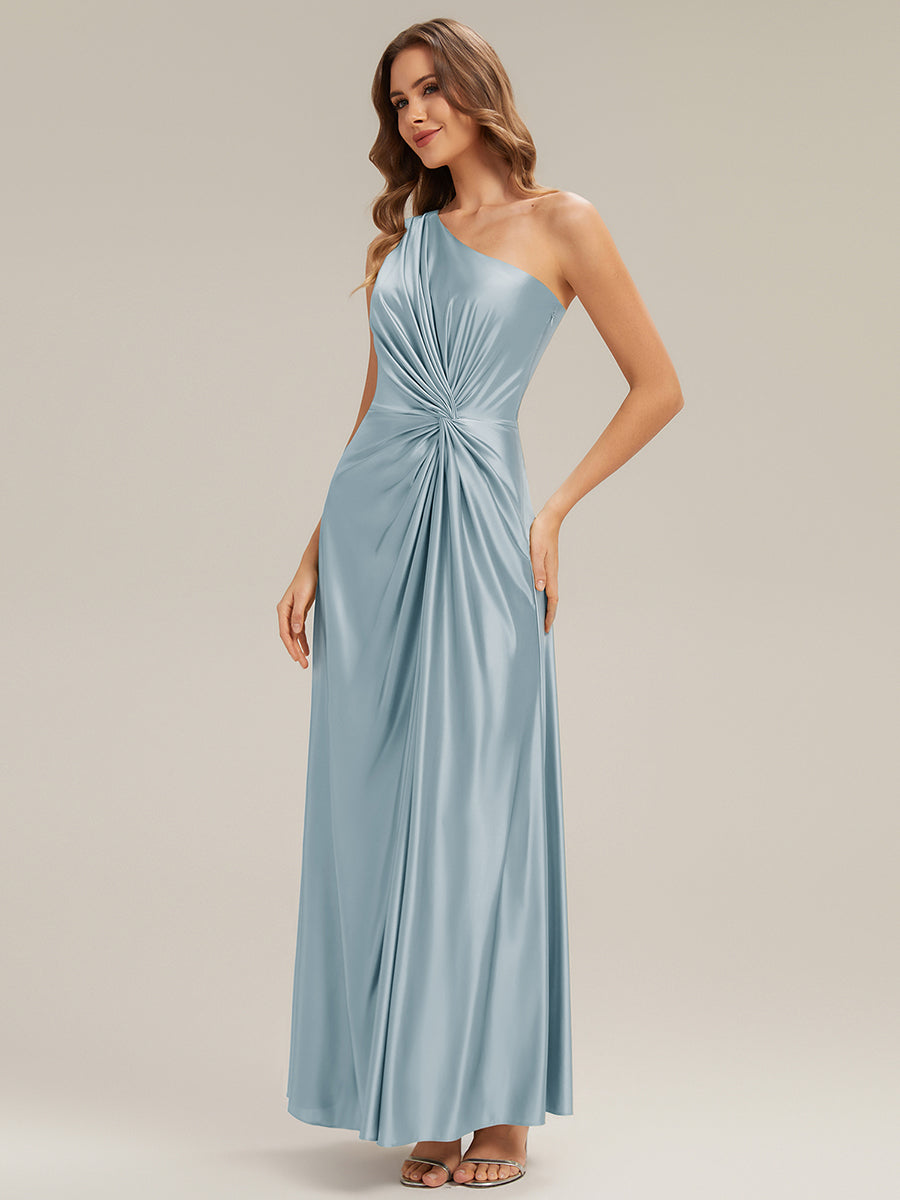 Robe longue à une épaule sans manches en A avec fente haute et détail noué #Couleur_Bleu Ciel