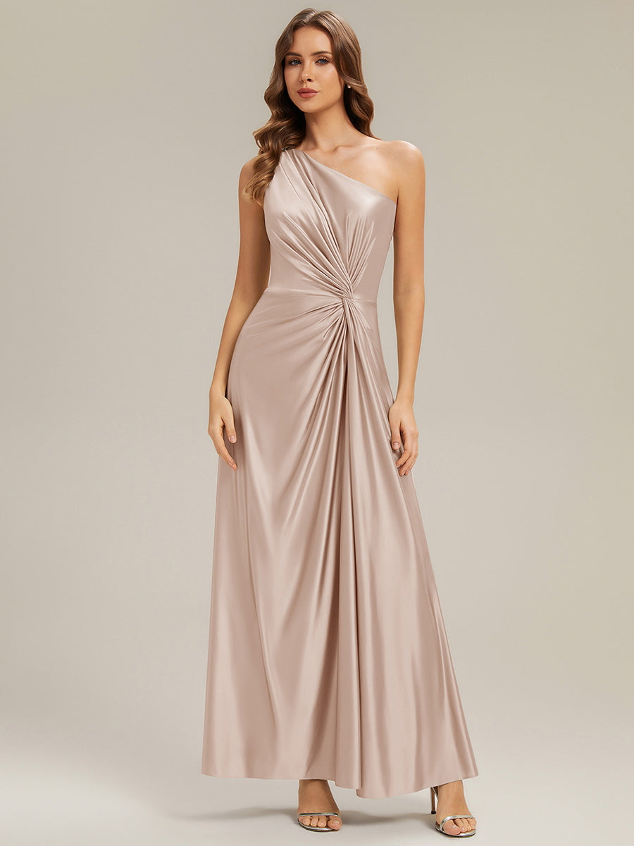 Robe longue à une épaule sans manches en A avec fente haute et détail noué #Couleur_Champagner