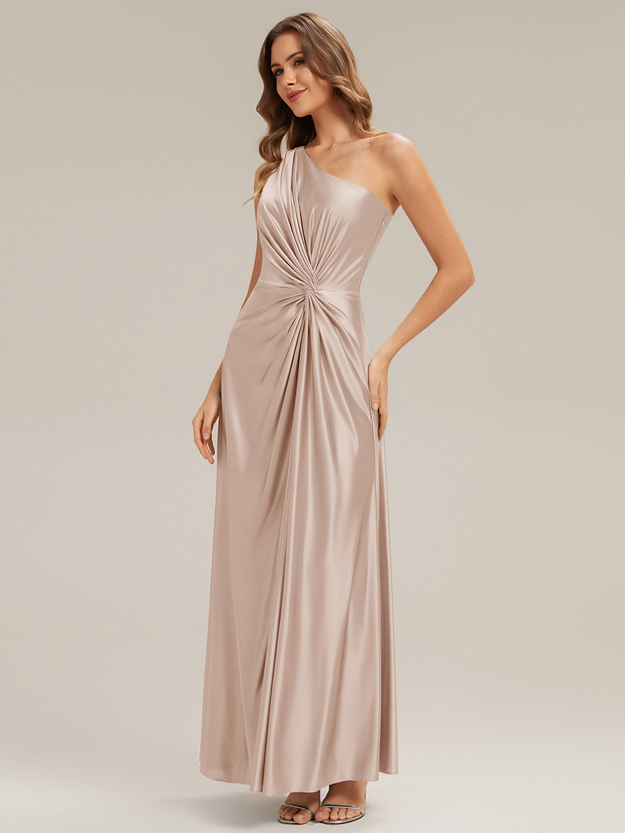 Robe longue à une épaule sans manches en A avec fente haute et détail noué #Couleur_Champagner