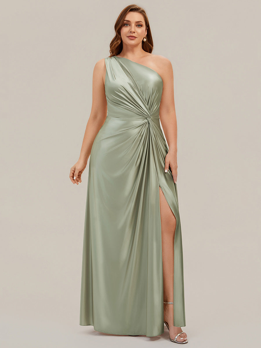 Robe longue à une épaule sans manches en A avec fente haute et détail noué #Couleur_Vert sauge