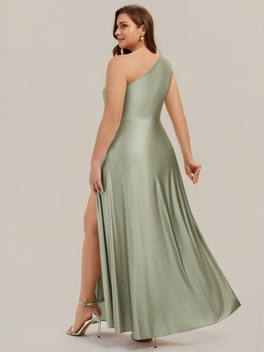 Robe longue à une épaule sans manches en A avec fente haute et détail noué #Couleur_Vert sauge