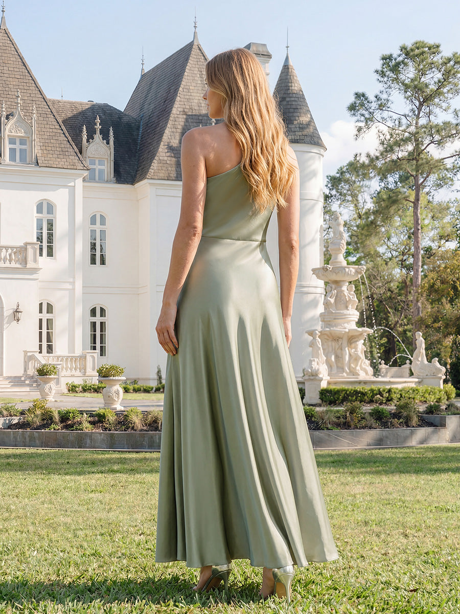 Robe longue à une épaule sans manches en A avec fente haute et détail noué #Couleur_Vert sauge