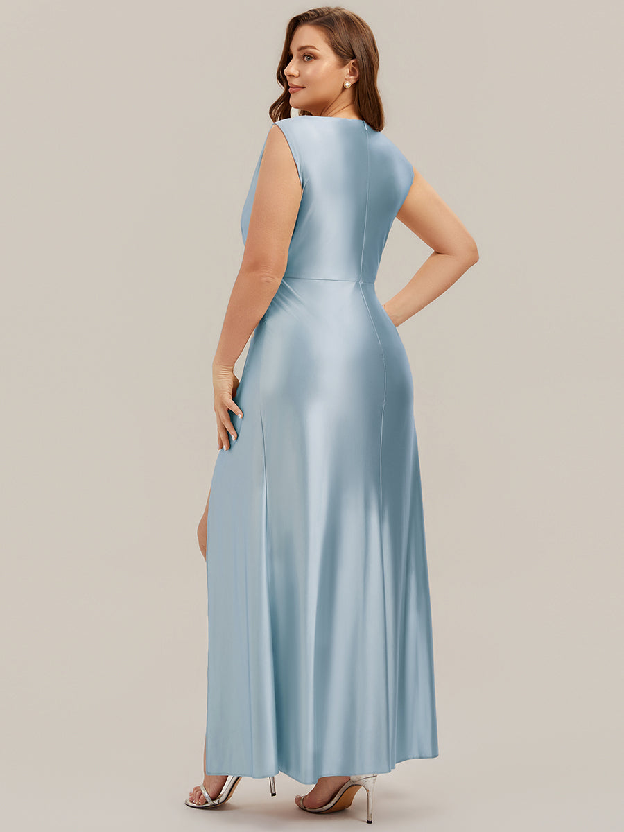Robe sirène longue sans bretelles en stretch avec col drapé et fente haute sur la cuisse