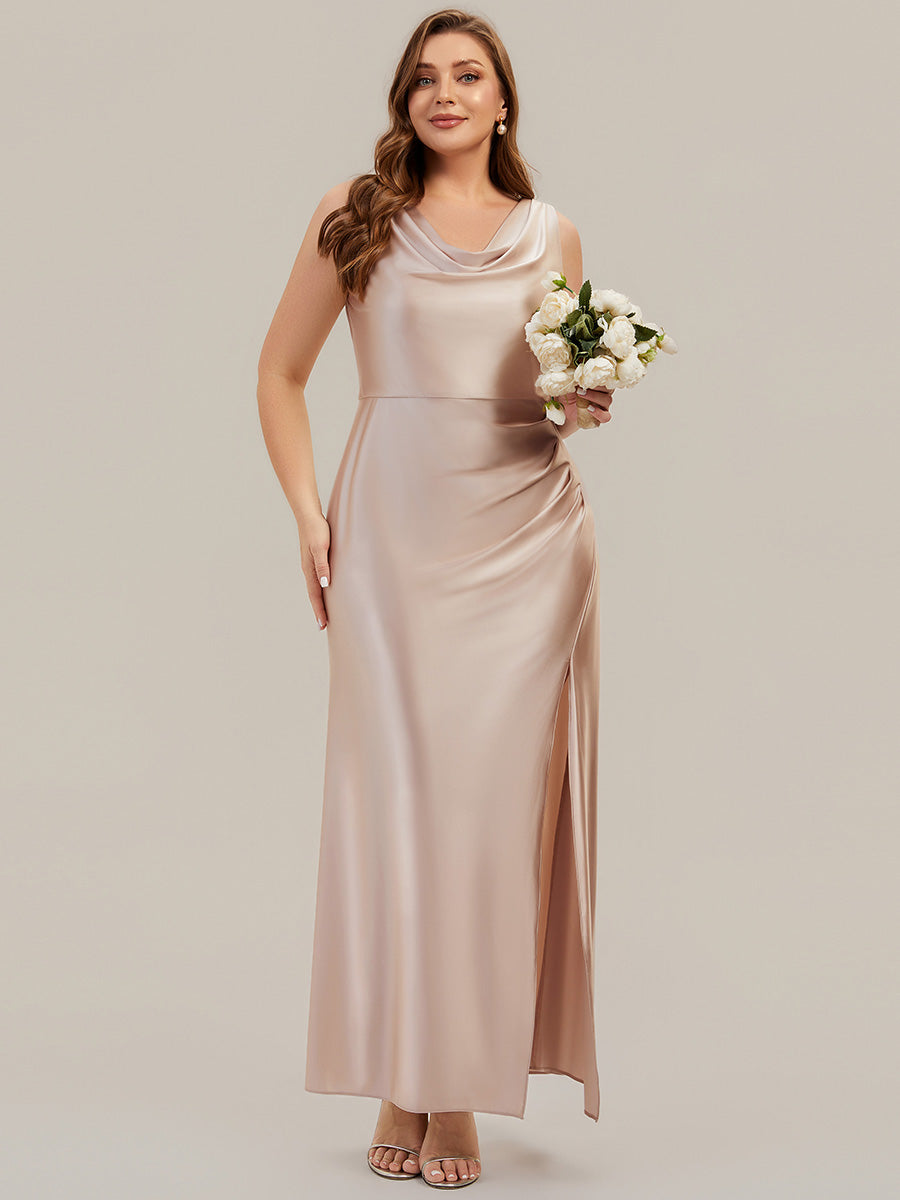 Robe sirène longue sans bretelles en stretch avec col drapé et fente haute sur la cuisse #Couleur_Champagner
