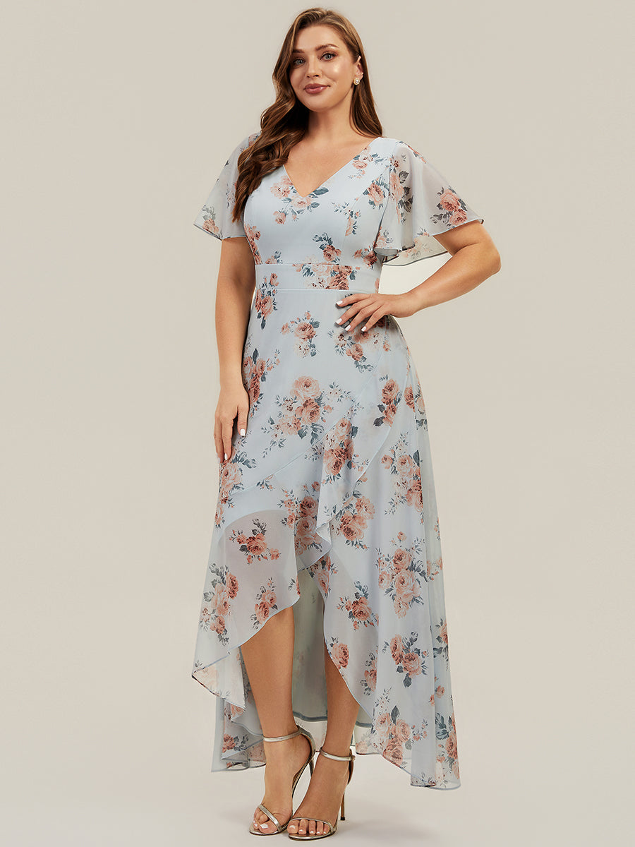 robe asymétrique à encolure en V profond à volants et manches courtes #Couleur_Floraison Ambrée