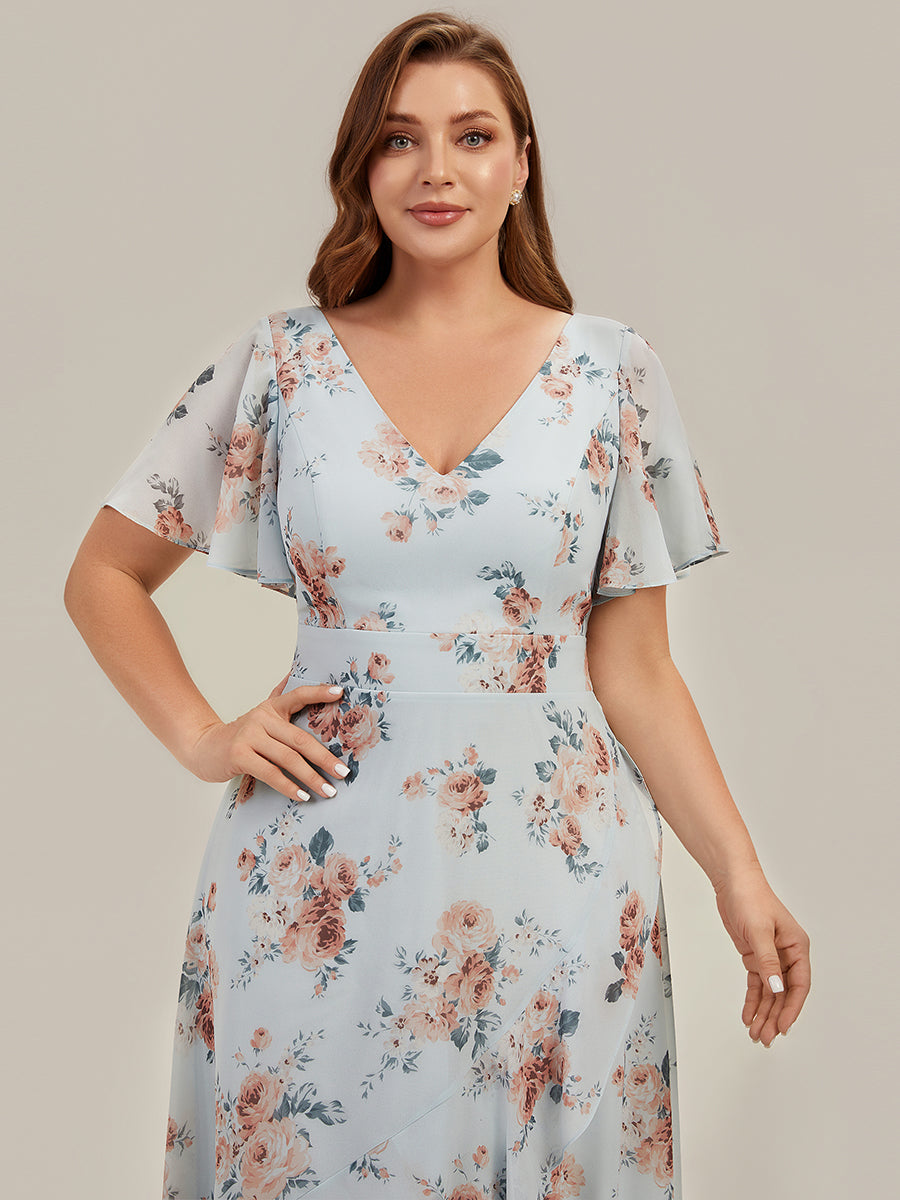 robe asymétrique à encolure en V profond à volants et manches courtes #Couleur_Floraison Ambrée