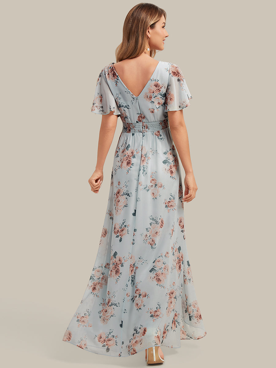 robe asymétrique à encolure en V profond à volants et manches courtes #Couleur_Floraison Ambrée