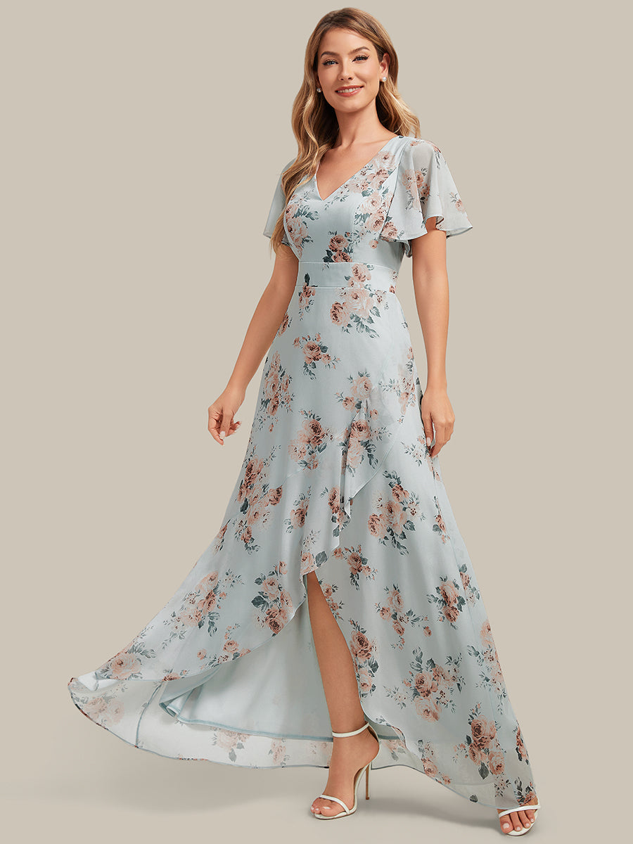 robe asymétrique à encolure en V profond à volants et manches courtes #Couleur_Floraison Ambrée