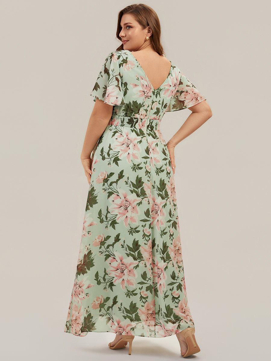 robe asymétrique à encolure en V profond à volants et manches courtes #Couleur_Vert clair à fleurs