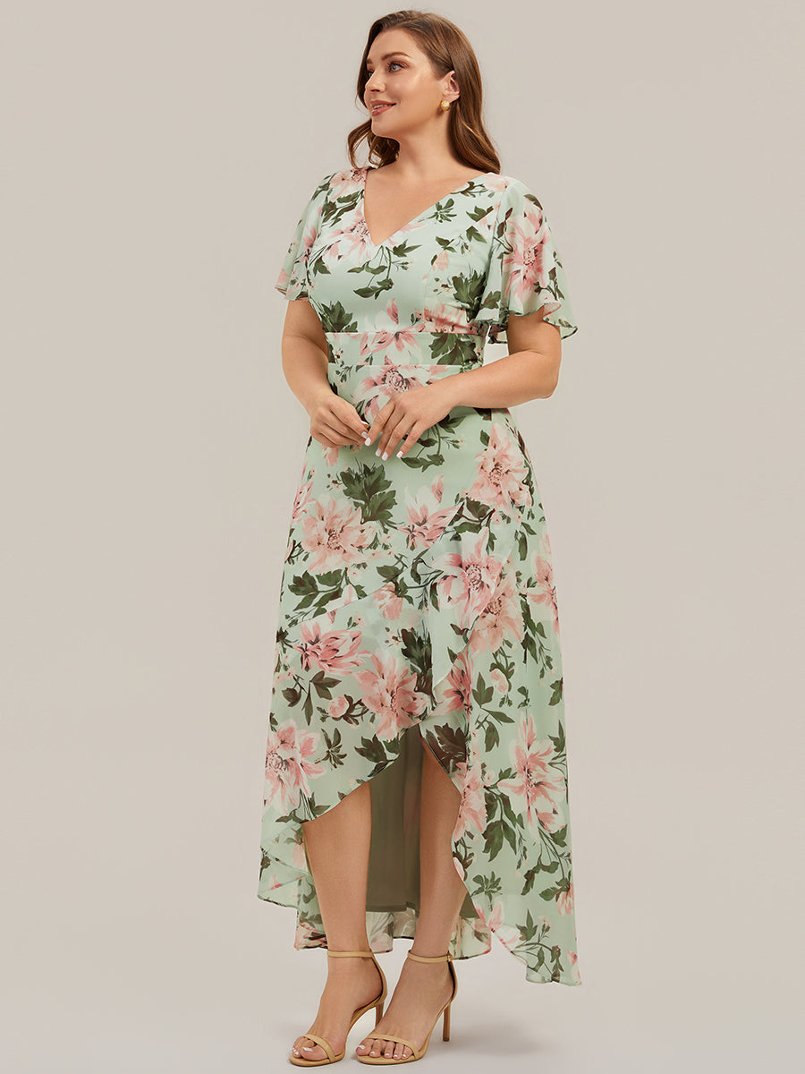 robe asymétrique à encolure en V profond à volants et manches courtes #Couleur_Vert clair à fleurs