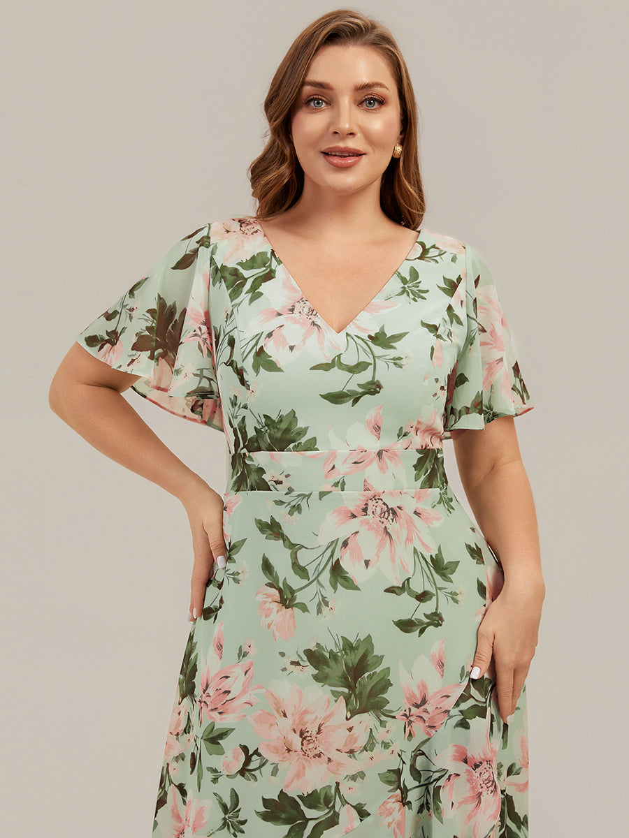 robe asymétrique à encolure en V profond à volants et manches courtes #Couleur_Vert clair à fleurs