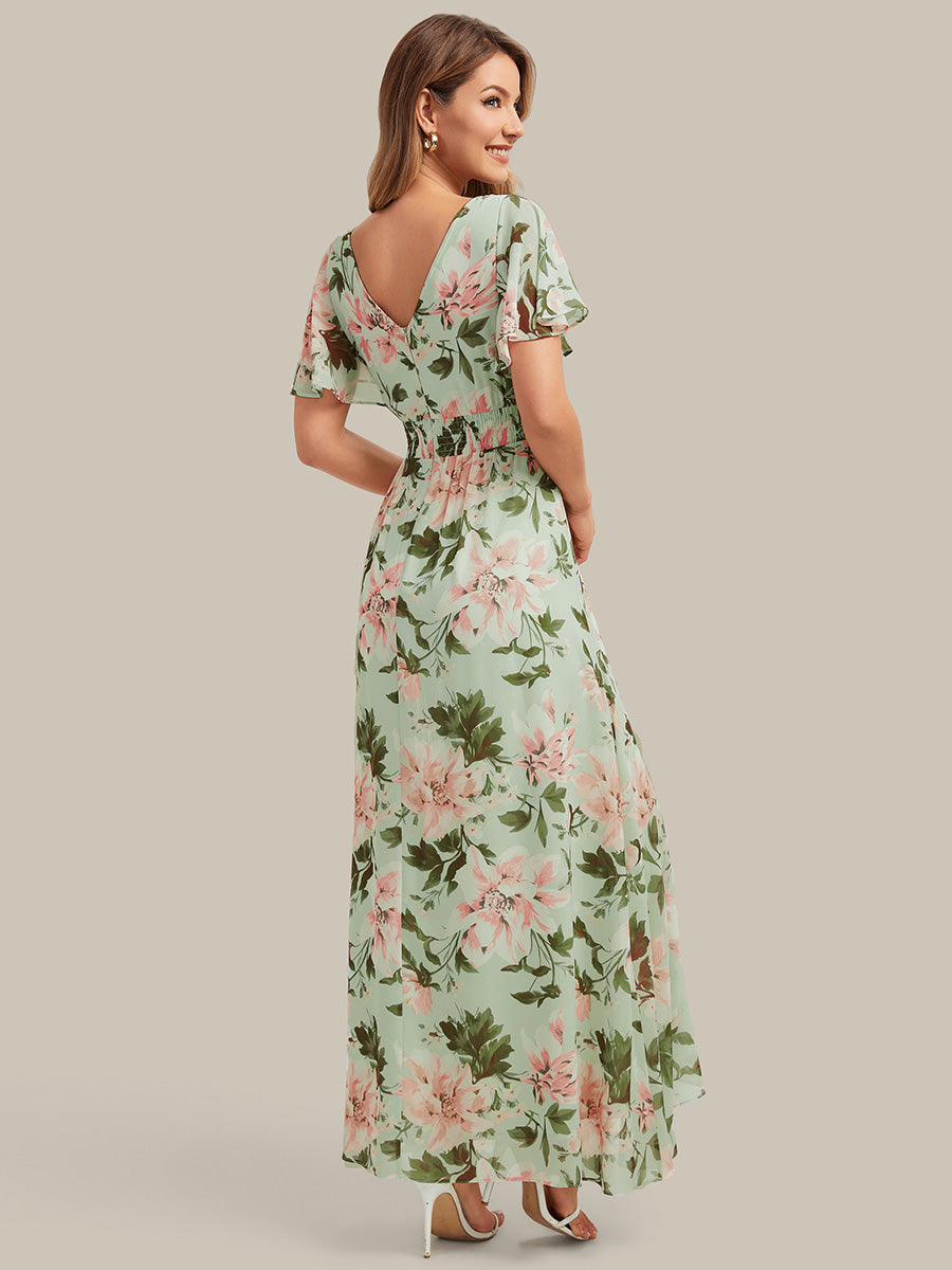 robe asymétrique à encolure en V profond à volants et manches courtes #Couleur_Vert clair à fleurs