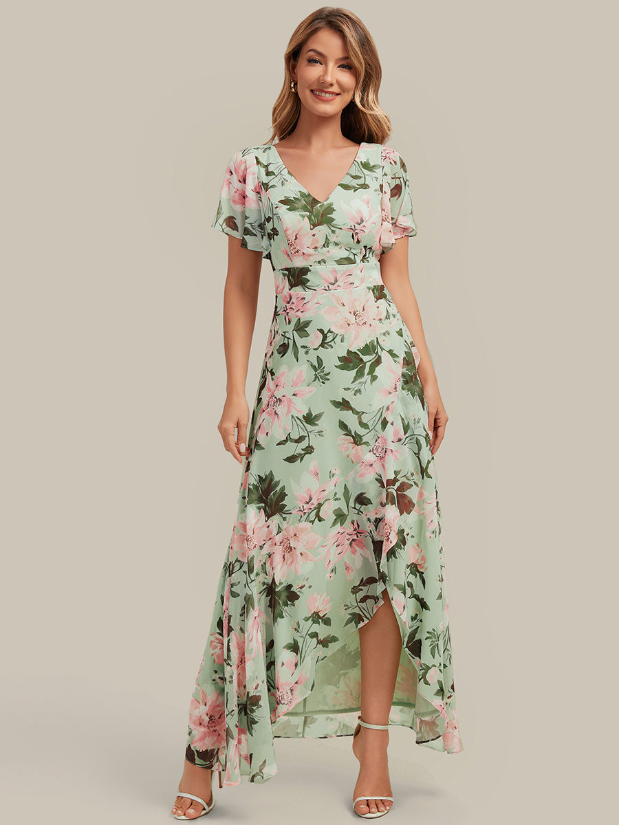 robe asymétrique à encolure en V profond à volants et manches courtes #Couleur_Vert clair à fleurs