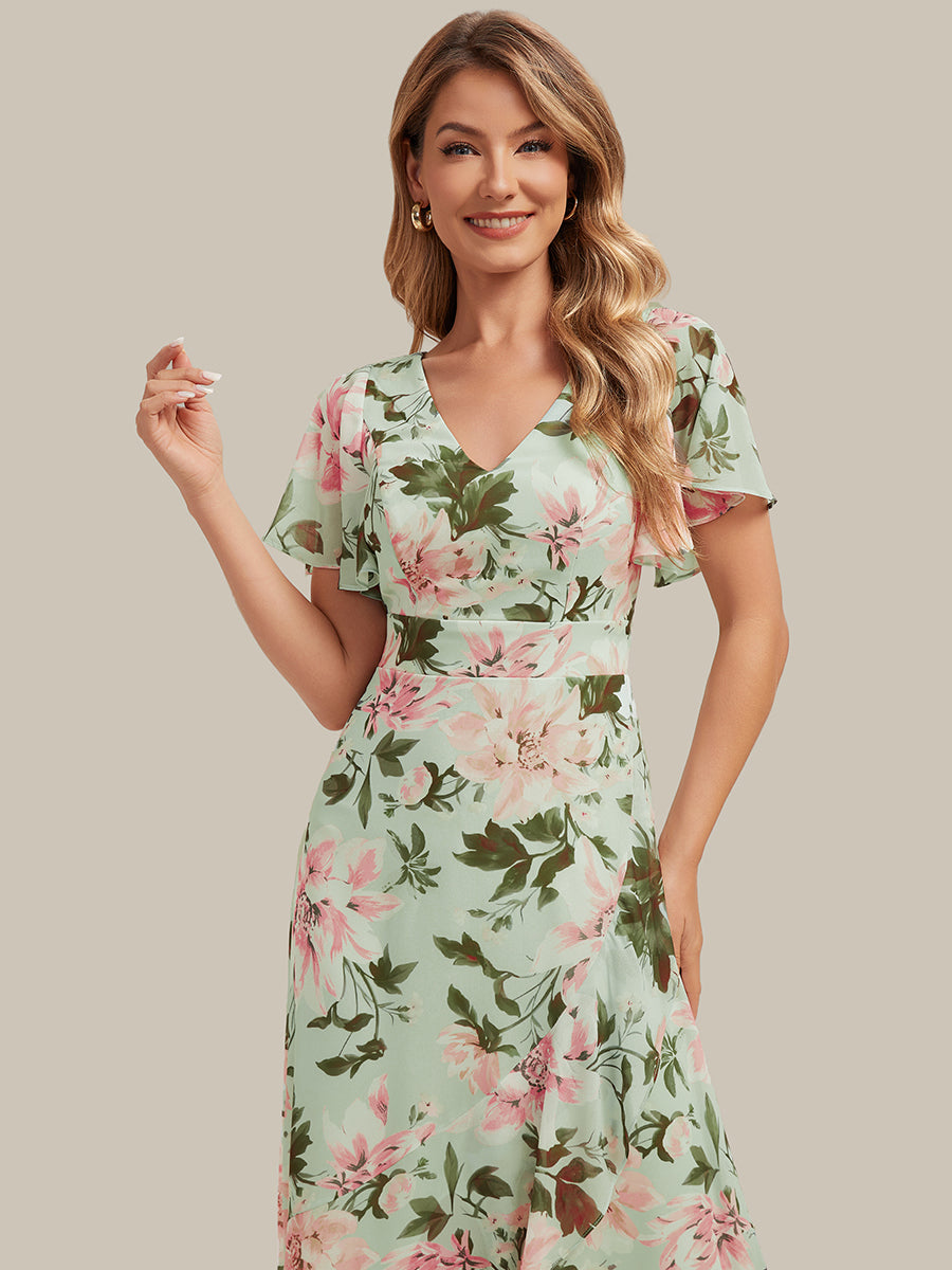 robe asymétrique à encolure en V profond à volants et manches courtes #Couleur_Vert clair à fleurs