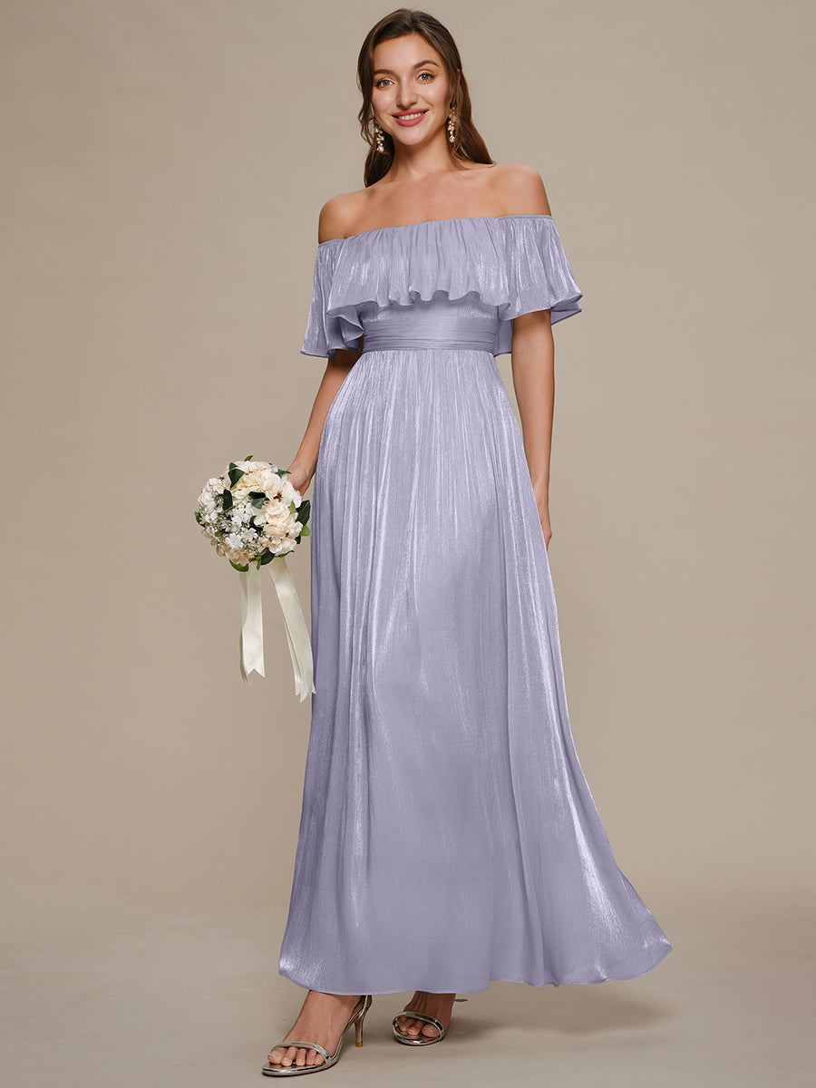robe longue à volants à épaules dénudées à manches courtes en forme de A #Couleur_Lilas Givré