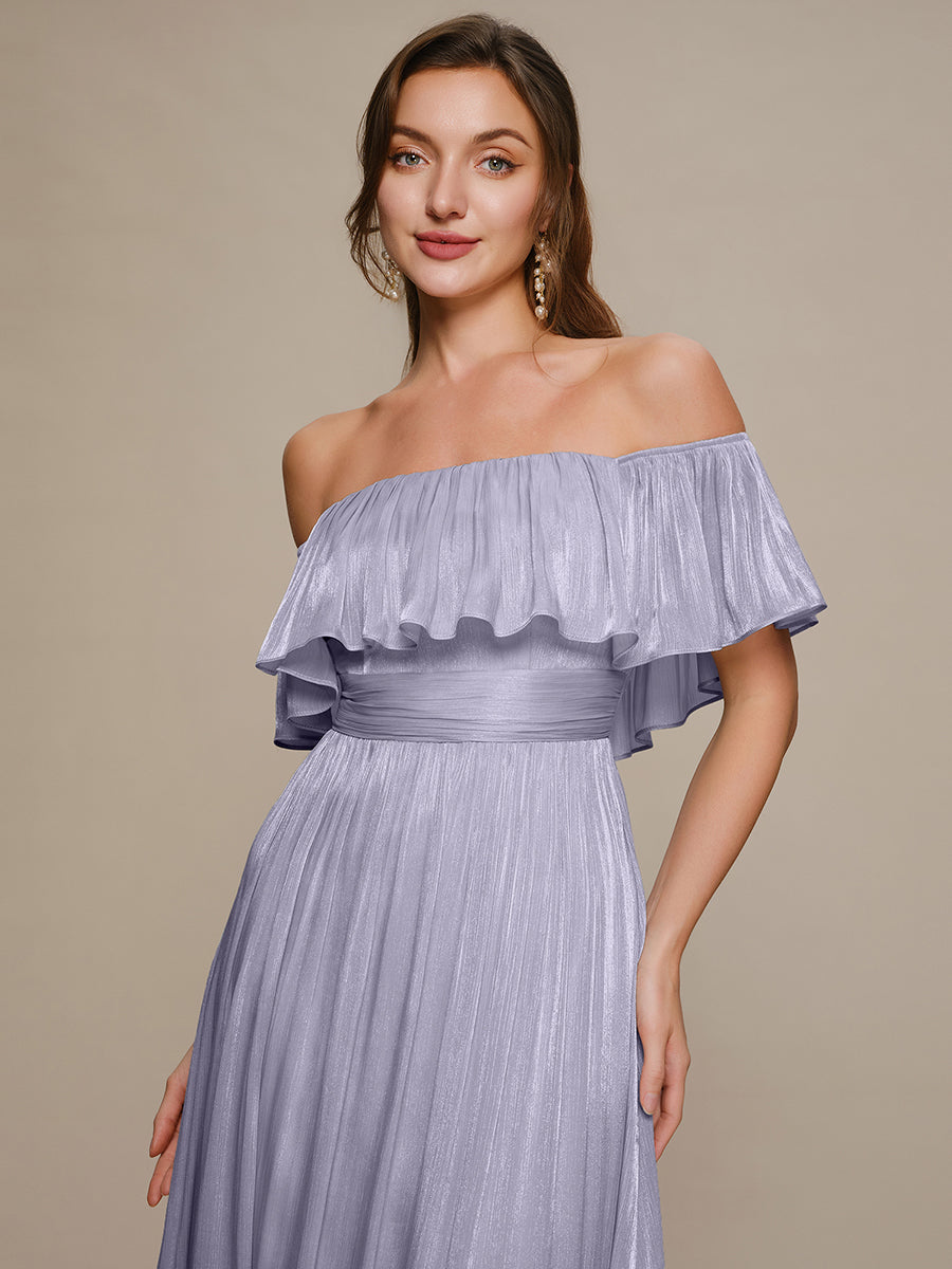 robe longue à volants à épaules dénudées à manches courtes en forme de A #Couleur_Lilas Givré