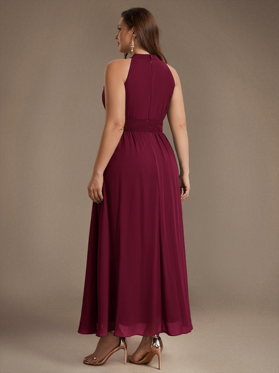 Robe A-Line sans manches à encolure corset en tissu non élastique longueur maxi #Couleur_Bordeaux