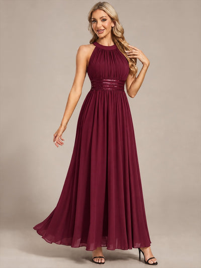 Robe longue de demoiselle d'honneur en mousseline à col américain
