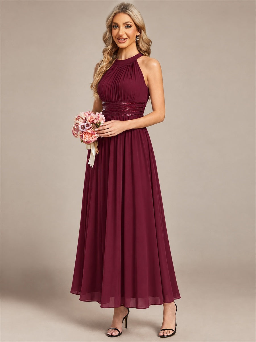 Robe A-Line sans manches à encolure corset en tissu non élastique longueur maxi #Couleur_Bordeaux