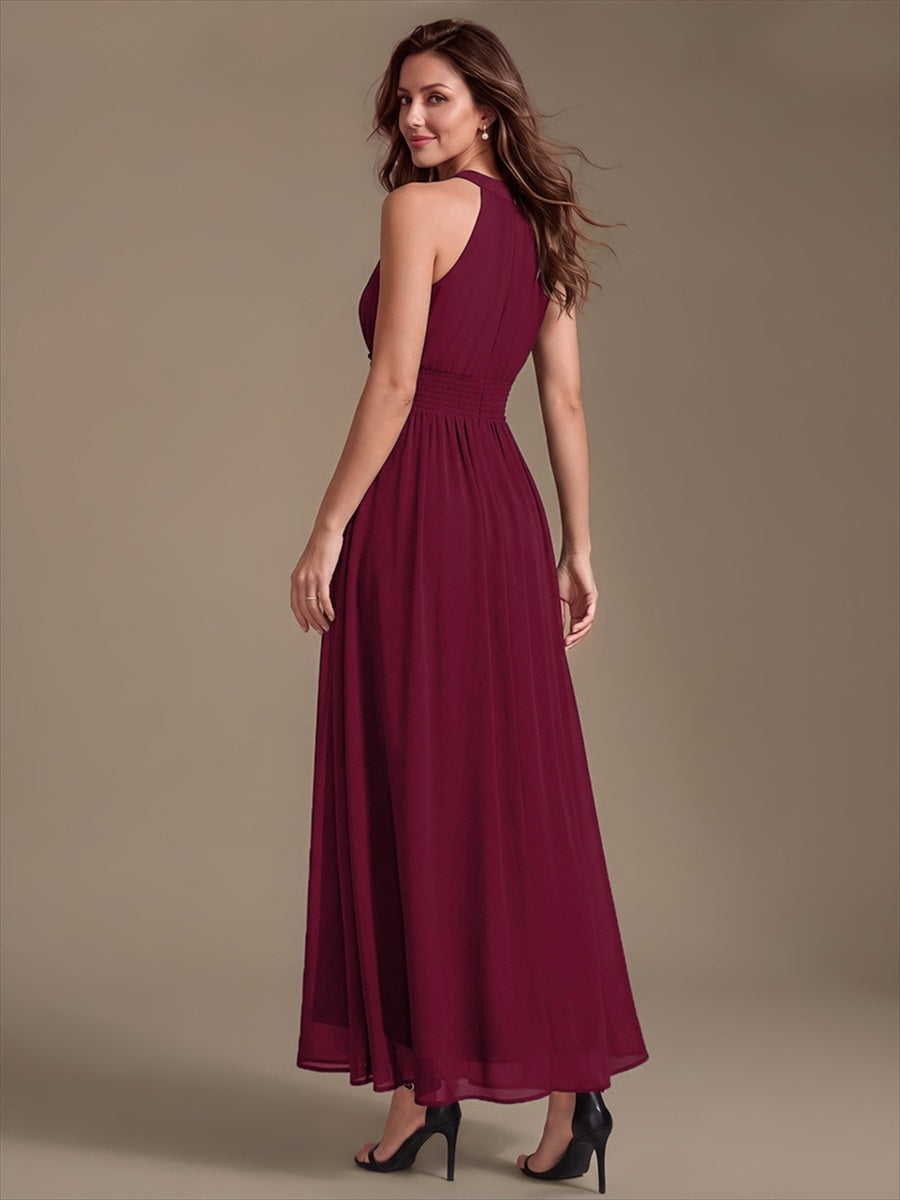 Robe A-Line sans manches à encolure corset en tissu non élastique longueur maxi #Couleur_Bordeaux