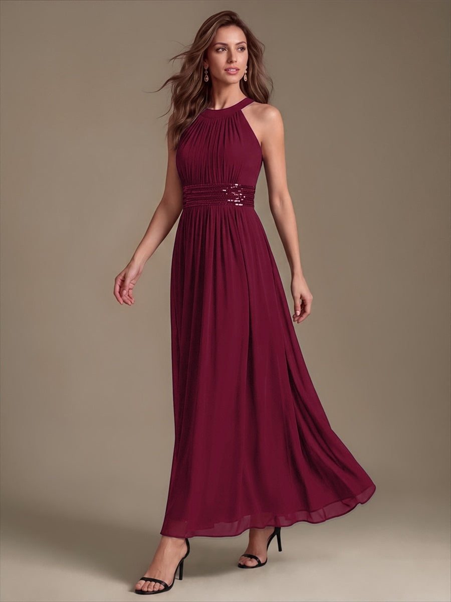 Robe A-Line sans manches à encolure corset en tissu non élastique longueur maxi #Couleur_Bordeaux